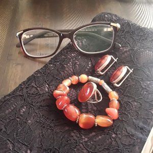 Silver  Soviet Time Carnelian Earrings Ring size 8 Streatch Bracelet Set.